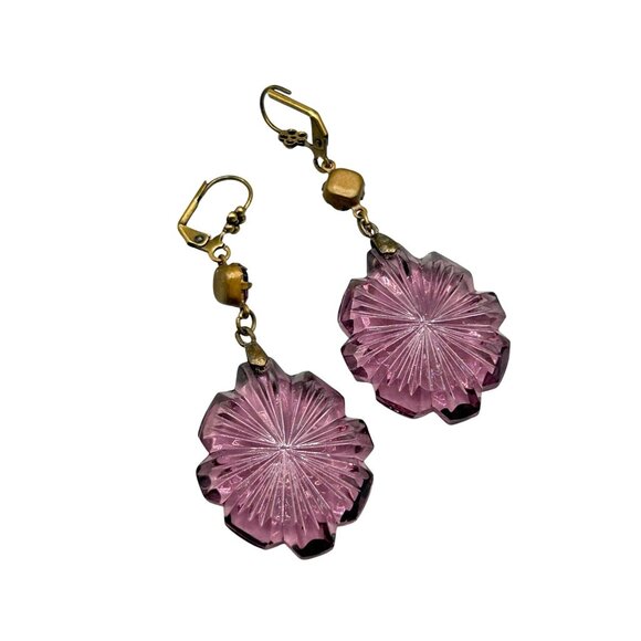 Art Deco Czech Glass Earrings dangles Pressed Amethyst Glass Drops Lever Back Ho - Picture 1 of 7